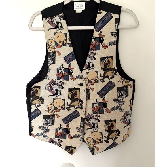 VTG 1994 Looney Tunes Tweety Daffy Duck Tapestry Vest Retro Cartoon Sz O/S - Picture 1 of 6